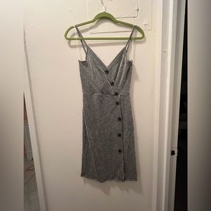 Navy and white striped asymmetrical button down midi dress